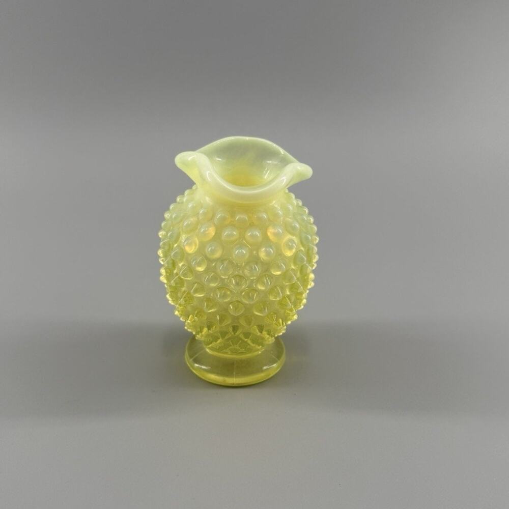 Vintage Fenton Opalescent Topaz Yellow Uranium Glass Hobnail Vase Ruffled Rim